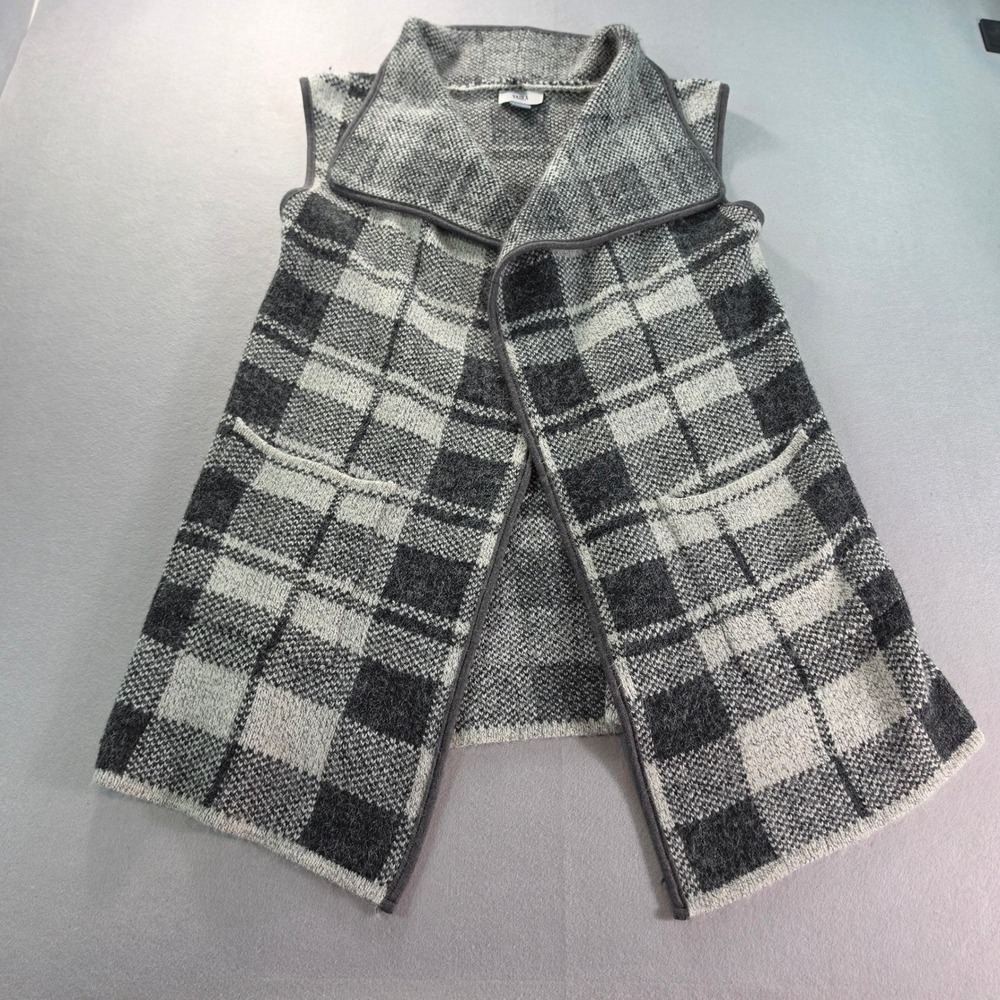 Yaira Womens Plaid Knit Vest M Gray Black Boho Cozy Fall Shawl Collar Pockets